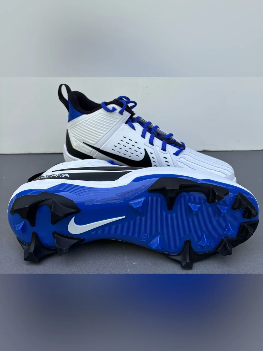 Nike Alpha Menace Strong Football Cleats White Blue Men’s sz 10 NEW NO BOX!